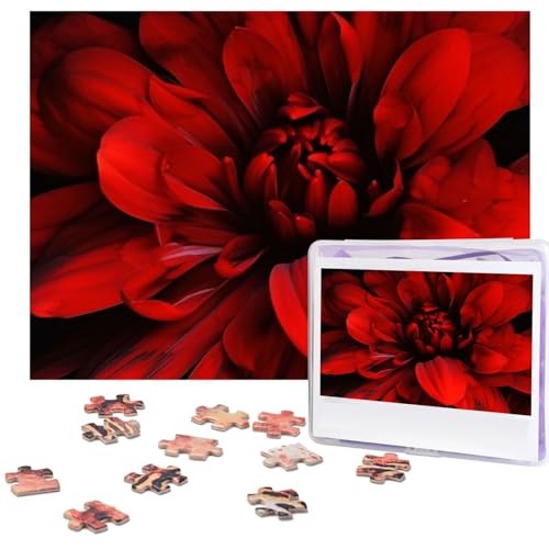 500-teiliges Puzzle für Erwachsene, herausforderndes Puzzle für Spieleabende, Holzpuzzle, personalisierte Holz-Puzzles für Familie, rote Dahlie auf schwarzem Bild, Puzzle, fertige Größe 51,8 x 38,1 cm von KTHSNSKL