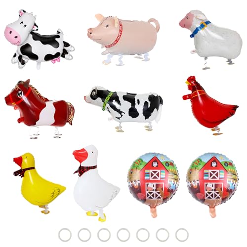 KUAOOAUK 10 Stück Luftballons Tiere, Luftballons Tiere mit 7 PC Schleppseile für Bauernhof Party, Geburtstagsdeko, Baby Shower, Kinder Party Deko(Pferd Ente Schwein Hahn Kuh Schaf) von KUAOOAUK