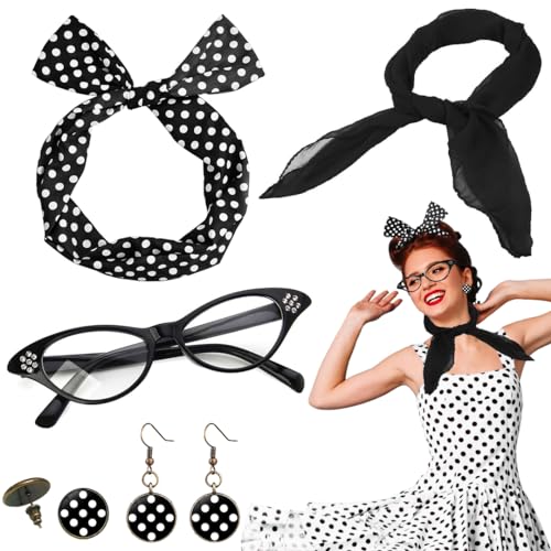 Rockabilly Accessoires Damen, 5TLG 60er 50er Jahre Rockabilly Kleider Damen Zubehör Schwarz, Polka Dot Haarband Stirnband Ohrringe Chiffon Schal Bandana Katzen Auge Brille für 1950s Kostüm Motoparty Rockabilly Accessoires Damen, 5TLG 60er 50er Jahre Rockabilly Kleider Damen Zubehör Schwarz, Polka Dot Haarband Stirnband Ohrringe Chiffon Schal Bandana Katzen Auge Brille für 1950s Kostüm Motoparty von KUAOWT