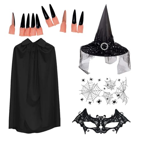 KUBDPQOR Hexenkostüm Damen Halloween Outfit mit schwarzem Satin-Umhang, Spitzen-Hexenhut, Fledermaus-Maske, langen Nägeln und Halloween-Tattoos, Einheitsgröße KUBDPQOR Hexenkostüm Damen Halloween Outfit mit schwarzem Satin-Umhang, Spitzen-Hexenhut, Fledermaus-Maske, langen Nägeln und Halloween-Tattoos, Einheitsgröße von KUBDPQOR