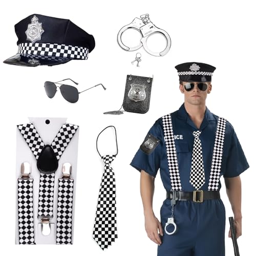 KUBDPQOR polizei kostüm, Polizist Handschellen Sonnenbrille Abzeichen Detektiv Cop Swat Rollenspiel Zubehör Halloween Party Kostüm Verkleiden von KUBDPQOR