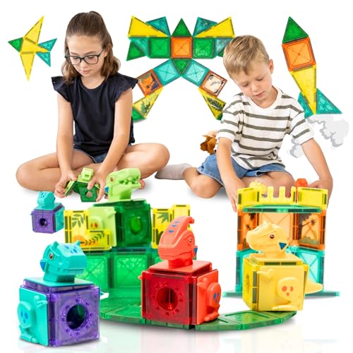 KUDITO Magnetische Bausteine für Kinder mit Dinosaurierfiguren | 100 magnetische Bausteine für Jungen und Mädchen ab 3 Jahren | Montessori pädagogisches Spielzeug von KUDITO