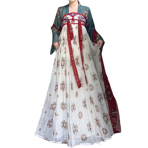 KUFEIUP Damen Altes Chinesisches Traditionelles Hanfu Kleid Cardigan Tops Langer Rock (I-Green&White, Small) von KUFEIUP