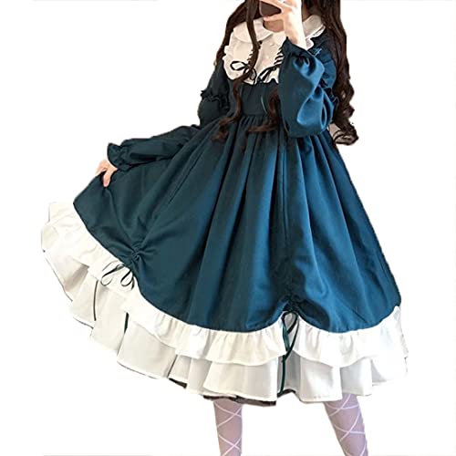 KUFEIUP Süßes Lolita-Kleid für Damen, Pan-Kragen, Rüschen, Prinzessinnen-Kostüm (Blaugrün, Größe L) von KUFEIUP