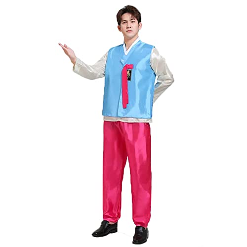 KUFEIUP Traditionelles Hanbok-Cosplay-Outfit für Herren, Hemd, Weste, Hose, Set, 3-teilig, Blau und Rosarot (für Herren), Größe L von KUFEIUP