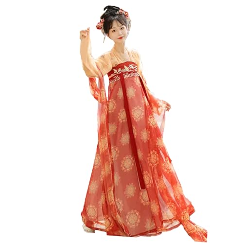 KUFEIUP Traditionelles Hanfu-Kleid für Damen, traditionelles Hanfu-Kleid, Cardigan, Tops, langer Rock (A-Orange und Rot, Größe S) von KUFEIUP