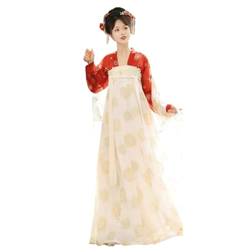 KUFEIUP Traditionelles Hanfu-Kleid für Damen, traditionelles Hanfu-Kleid, Cardigan-Top, langer Rock (A-Red&Beige, Medium) von KUFEIUP