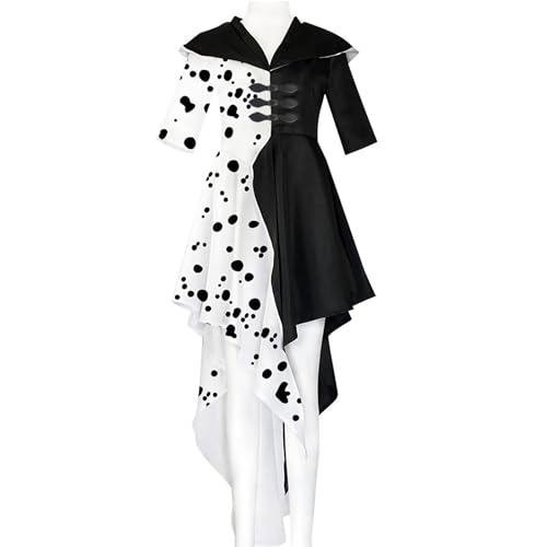 Karneval Kostüm Damen, Cruella Deville Kostüm Kleid Cosplay, Schwarzer und Weißer Dalmatiner Fleck Kleid Partnerkostümen Karneval (L) von KUJAIS