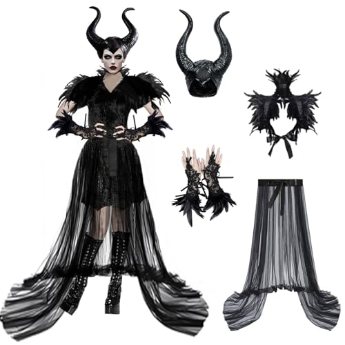 KUJAIS Maleficent Kostüm Damen: Böse Königin Kostüm Maleficent Hörner mit Gothic Federumhang Feder-Manschetten und Schwarzer Tüllrock Faschingskostüme Karneval Halloween Cosplay Party Kleidung KUJAIS Maleficent Kostüm Damen: Böse Königin Kostüm Maleficent Hörner mit Gothic Federumhang Feder-Manschetten und Schwarzer Tüllrock Faschingskostüme Karneval Halloween Cosplay Party Kleidung von KUJAIS