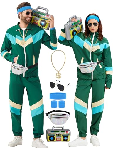 KUKIKUKI 80er 90er Jahre Outfit für Herren Damen, Tracksuit Sportbekleidung, Streetwear Trainingsanzug Jogginganzug Outfit für 80er Jahre Herren Kostüm (green, XL) von KUKIKUKI