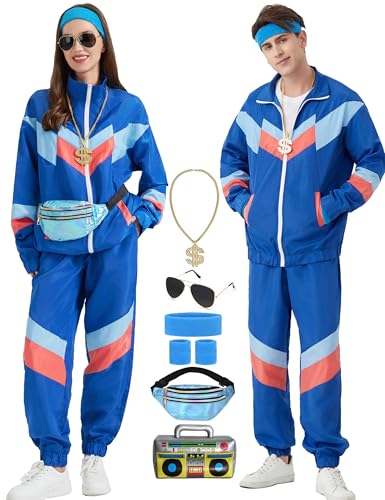 KUKIKUKI 80er 90er Jahre Outfit für Herren Damen, Tracksuit Sportbekleidung, Streetwear Trainingsanzug Jogginganzug Outfit für 80er Jahre Herren Kostüm (light blue, 3XL) von KUKIKUKI