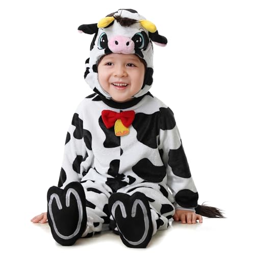 KUKIKUKI Halloween Baby Kostüme Löwe Kleinkind Outfit Säuglinge Kuh Cosplay Plüsch Strampler Set mit Handschuhen Schuhe Kopfbedeckung Dress Up Party (Kuh, 2-3 Years) von KUKIKUKI