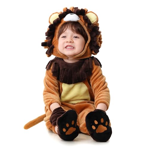 KUKIKUKI Halloween Baby Kostüme Löwe Kleinkind Outfit Säuglinge Kuh Cosplay Plüsch Strampler Set mit Handschuhen Schuhe Kopfbedeckung Dress Up Party (Löwe, 1-2 Years) von KUKIKUKI