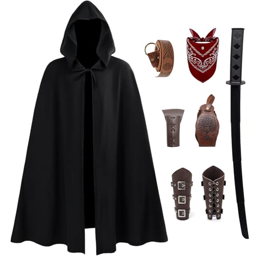 KUKIKUKI Unisex Mittelalter Umhang mit Kapuze Zubehör Mittelalter Kleidung Damen Herren Renaissance Kostüm Set Cape Wikinger Cosplay Karneval Halloween (L) von KUKIKUKI