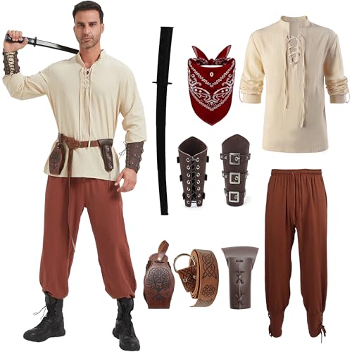 KUKIKUKI Mittelalter Kleidung Herren Renaissance Kostüm Set Mittelalterliches Piratenhemd Hose mit Zubehör 9 Stück Halloween Karneval Cosplay Wikinger kostüm (Braun, XL) von KUKIKUKI