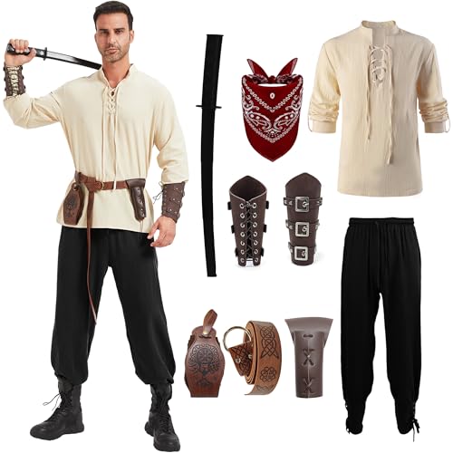 KUKIKUKI Mittelalter Kleidung Herren Renaissance Kostüm Set Mittelalterliches Piratenhemd Hose mit Zubehör 9 Stück Halloween Karneval Cosplay Wikinger kostüm (Schwarz, XXL) von KUKIKUKI