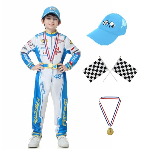 KUKIKUKI Rennwagenfahrer Kostüm Jungen Racer Overall mit Auto Kappe Kinder verkleiden sich für Halloween (Blau, 150) von KUKIKUKI