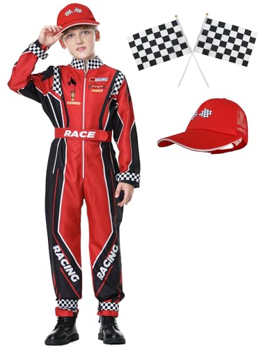 KUKIKUKI Rennwagenfahrer Kostüm Jungen Racer Overall mit Auto Kappe Kinder verkleiden sich für Halloween (Rot, 130) von KUKIKUKI