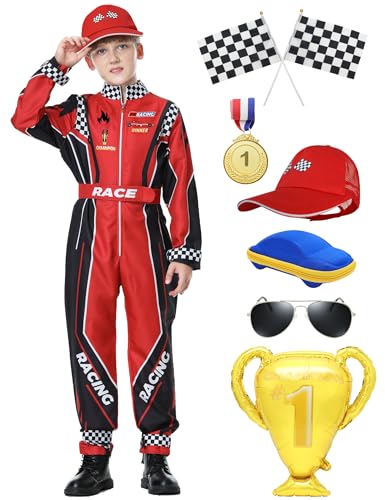 KUKIKUKI Rennwagenfahrer Kostüm Jungen Racer Overall mit Auto Kappe Kinder verkleiden sich für Halloween (Rotes Set, 150) von KUKIKUKI