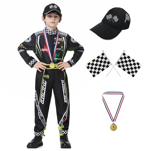 KUKIKUKI Rennwagenfahrer Kostüm Jungen Racer Overall mit Auto Kappe Kinder verkleiden sich für Halloween (Schwarz, 110) von KUKIKUKI