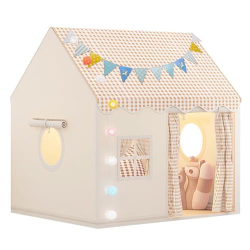 Kinderzelt Spielzelt mit Matte Kugellichtern und Wimpelkette Spielhaus Kinder Kinderhaus Indoor mit Türen und Fenstern für Kuschelecke Kinderzimmer Mädchen & Jungen (Khaki) von KUKKUME