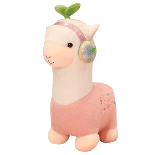Alpaka Plüschtier, Kuscheltier Alpaka Stofftier Puppe Mit Kopfhörer Weich Plüsch Spielzeug Geschenk Für Mädchen Kinder(Pink,25cm/9.8in) von KUKUShining