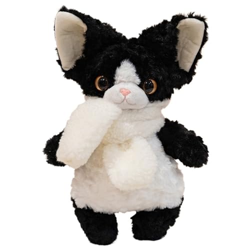 Devon Rex Plüsch, Süße Katze Stofftier Puppe Mit Schal Kätzchen Plüsch Spielzeug Geburtstagsgeschenke Für Kinder Mädchen Jungen(Black) von KUKUShining