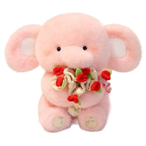 Elefant Plüschtier, Weiche Kuscheltier Stofftier Puppe Mit Rosen Cartoon Elefanten Plüsch Spielzeug Geschenk Für Kinder Jungen Mädchen(Pink) von KUKUShining