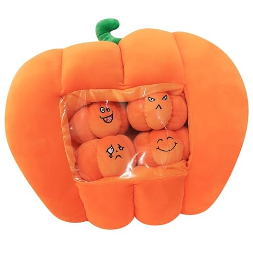 Halloween Kürbis Kuscheltier, Weiche Dekokissen Plüschtier Mit 4 Kleinen Kürbissen Plüsch Spielzeug Zum Spielen Kuscheln von KUKUShining