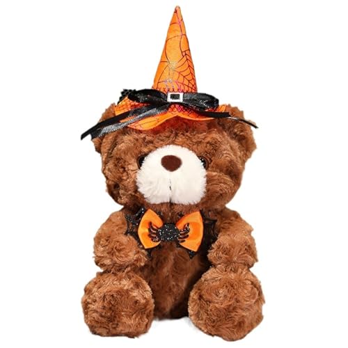 Halloween Teddybär Kuscheltier, Süße Stofftier Puppe Mit Hexenhut Kuscheliges Fliege Bär Plüschtier Für Die Heimdekoration(Brown) von KUKUShining