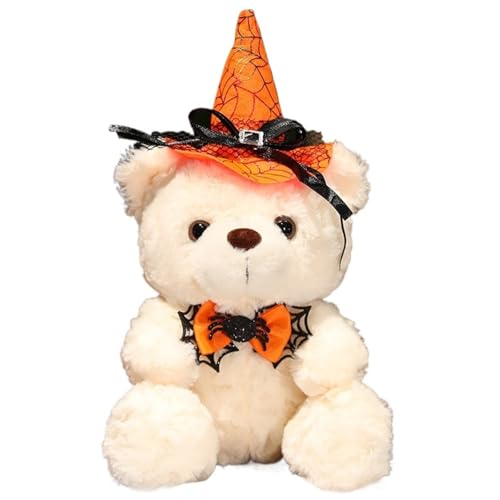 Halloween Teddybär Kuscheltier, Süße Stofftier Puppe Mit Hexenhut Kuscheliges Fliege Bär Plüschtier Für Die Heimdekoration(White) von KUKUShining