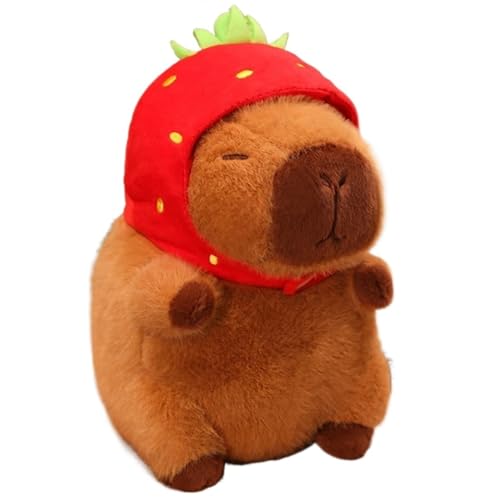 KUKUShining Capybara Plüschtier, Süße Stofftier Puppe Mit Wassermelonen Avocado Erdbeerhut Weiche Umarmungskissen Plüschspielzeug for Kinder(Strawberry) von KUKUShining
