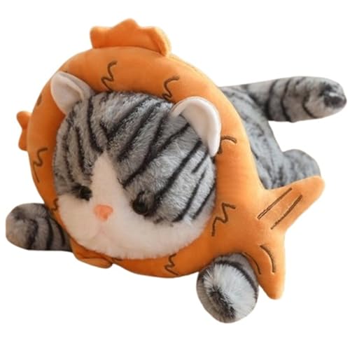 KUKUShining Katze Plüsch, Kuscheliges Kätzchen Kuscheltier Mit Kopfbedeckung Lebensechte Graue Katzen Plüsch Spielzeug Geschenke Für Kinder(Fish,30cm/11.8in) von KUKUShining