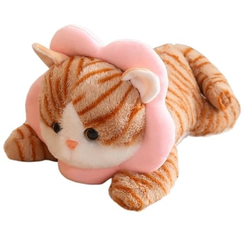 KUKUShining Katze Plüsch, Kuscheliges Kätzchen Stofftier Mit Kopfbedeckung Lebensechte Braune Katzen Plüsch Spielzeug Geschenke Für Kinder(Flowers,30cm/11.8in) von KUKUShining