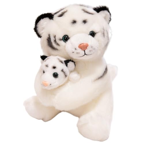 KUKUShining Mama Baby Tiger Plüschtier, Kuschelige Ausgestopfte Wildtiere Puppe Sitzender Weißer Tiger Plüschtier Geschenk for Kinder Jungen(White) von KUKUShining