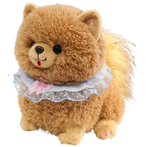 KUKUShining Pomeranian Plüschtier, Weiche Kuschelige Stofftier Puppe Mit Schleife Schal Hund Plüschtier Geschenk Für Kinder Mädchen(Brown,32cm/12.59in) von KUKUShining