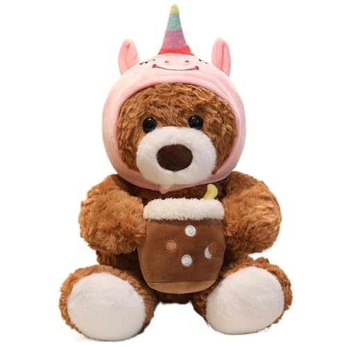 KUKUShining Teddybär Plüsch, Weiches Kuscheliges Stofftier Kissen Mit Tragbarer Einhorn Mütze Braunbär Plüschtier Spielzeug Geschenke Für Kinder(White,32cm/12.6in) von KUKUShining