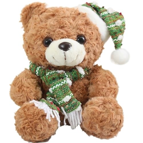 KUKUShining Teddybär Plüschtier, Süß Mit Weihnachtsmütze Ausgestopftem Schal Tiere Plüschtiere Flauschige Puppen for Kinder(Dark Brown) von KUKUShining