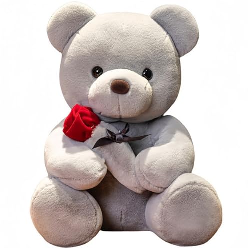 KUKUShining Teddybär Plüschtier Mit Rosenblume, Stofftier Bären Puppen Süßes Weiches Plüschtier for Kinder Geschenk for Geburtstag(Gray,25cm/9.8in) von KUKUShining