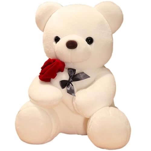KUKUShining Teddybär Plüschtier Mit Rosenblume, Stofftier Bären Puppen Süßes Weiches Plüschtier for Kinder Geschenk for Geburtstag(White,25cm/9.8in) von KUKUShining