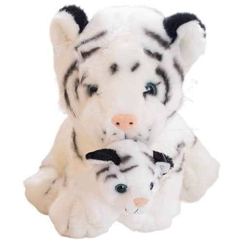 KUKUShining Tiger Plüschtier, Mama Baby Tiger Stofftier Puppe Realistisches Weiches Kuscheliges Plüschtier Geschenk for Kinder(White) von KUKUShining