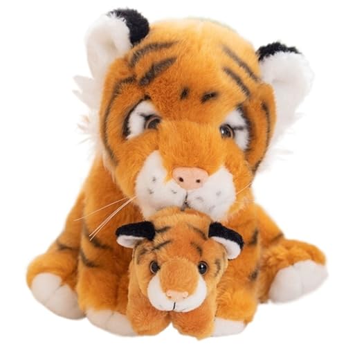 KUKUShining Tiger Plüschtier, Mama Baby Tiger Stofftier Puppe Realistisches Weiches Kuscheliges Plüschtier Geschenk for Kinder(Yellow) von KUKUShining