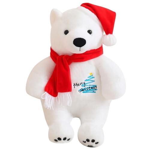 KUKUShining Weihnachts Eisbär Plüschtier, Kuschelige Stofftier Puppe Mit Schal Und Mütze Flauschiges Weißes Bären Plüschtier Spielzeug(Red,25cm/9.8in) von KUKUShining