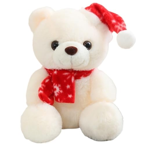 KUKUShining Weihnachts Teddybär Plüsch, Kuschelige Stofftiere Bär Puppe Mit Schal Mütze Plüschspielzeug Geschenke Für Kinder Freundin(White) von KUKUShining