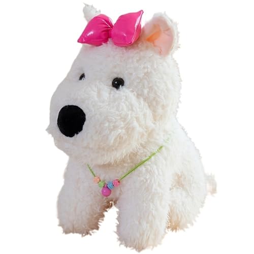 KUKUShining West Highland Dog Plüsch, Weiche Kuschelige Stofftier Puppe Mit Blumen Knoten Welpe Plüschspielzeug Geschenke Für Kinder(Red,25cm/9.8in) von KUKUShining