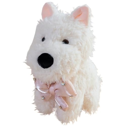 KUKUShining West Highland Dog Plüsch, Weiche Kuschelige Stofftier Puppe Mit Fliege Welpe Plüschspielzeug Geschenke Für Kinder Jungen(Pink,35cm/13.8in) von KUKUShining