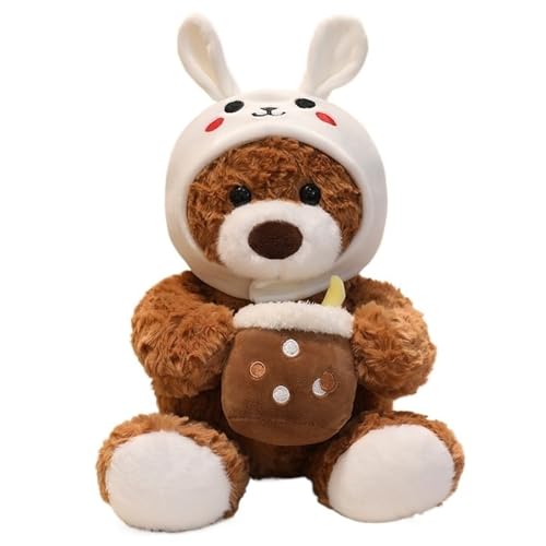 Teddybär Plüsch, Süßes Stofftier Kissen Mit Tragbarer Kaninchen Mütze Brauner Kapuzen Bär Plüschtier Geschenk Für Kinder(White,32cm/12.6in) von KUKUShining