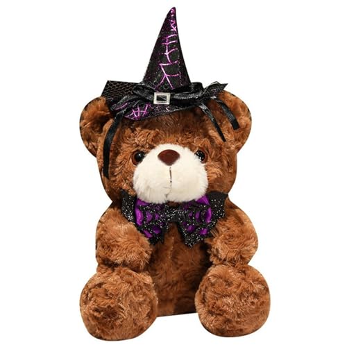 Teddybär Plüschtier, Halloween Kuscheltier Kissen Mit Hexenhut Und Fliege Kuscheliges Stofftier Flauschiges Bären Plüsch Spielzeug(Brown) von KUKUShining
