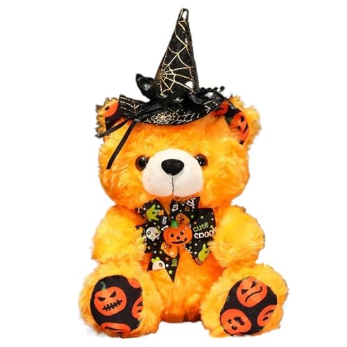Teddybär Plüschtier, Halloween Kuscheltier Kissen Mit Hexenhut Und Fliege Kuscheliges Stofftier Flauschiges Bären Plüsch Spielzeug(Orange) von KUKUShining