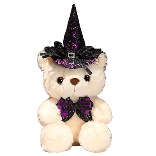 Teddybär Plüschtier, Halloween Kuscheltier Kissen Mit Hexenhut Und Fliege Kuscheliges Stofftier Flauschiges Bären Plüsch Spielzeug(White) von KUKUShining